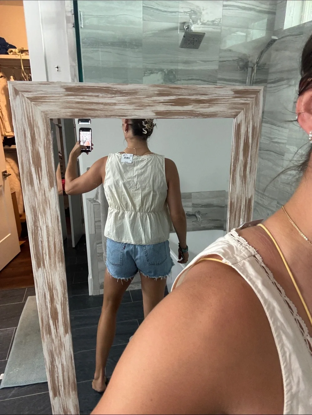 AEO Cream Tie-Front Embroidered Tank
